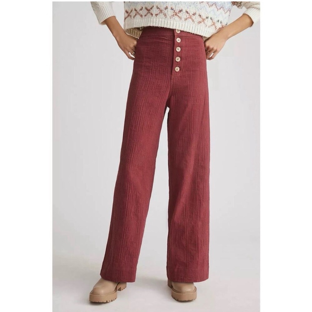 The Odells Sydney Button-Fly Pants 0/2 Burgundy Plum Cotton Wide Leg High Rise